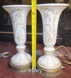 Pair Of Antique Art Deco Vase Table Lamps Neoclassical Grecian Opaline Glass