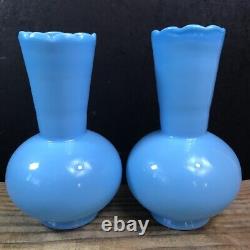 Pair Of Antique Bristol Blue Opaline Glass Bulbous Vases