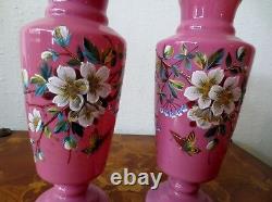 Pair Of Antique Pink Opaline Glass Vases