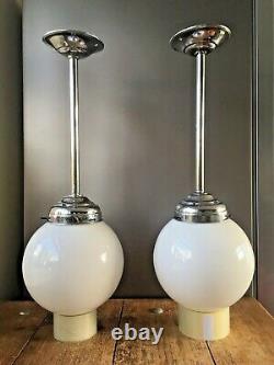 Pair Of Art Deco Chrome & Opaline Glass Light Sphere Shades Ceiling Rose & Pole