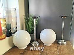 Pair Of Art Deco Chrome & Opaline Glass Light Sphere Shades Ceiling Rose & Pole