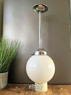 Pair Of Art Deco Chrome & Opaline Glass Light Sphere Shades Ceiling Rose & Pole