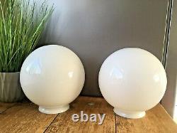 Pair Of Art Deco Chrome & Opaline Glass Light Sphere Shades Ceiling Rose & Pole