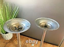 Pair Of Art Deco Chrome & Opaline Glass Light Sphere Shades Ceiling Rose & Pole