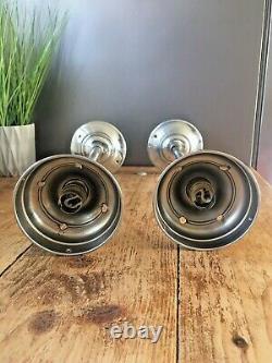 Pair Of Art Deco Chrome & Opaline Glass Light Sphere Shades Ceiling Rose & Pole