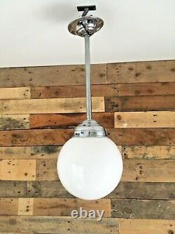 Pair Of Art Deco Chrome & Opaline Glass Light Sphere Shades Ceiling Rose & Pole