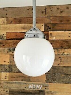 Pair Of Art Deco Chrome & Opaline Glass Light Sphere Shades Ceiling Rose & Pole