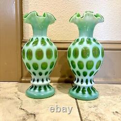 Pair Of FENTON LIME GREEN OPALESCENT COIN DOT VASES 9 Tall