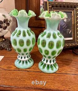 Pair Of FENTON LIME GREEN OPALESCENT COIN DOT VASES 9 Tall