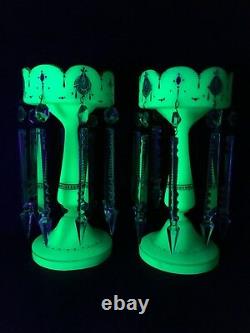 Pair Of Victorian Uranium Opaline Glass Green Lustre Vases 25cm tall Bohemian