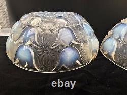 Pair Opalescent Vaseline Glass Art Deco Light Lampshades Sconces Lalique