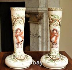 Pair Opaline Glass Vases Victorian Girls Snow Winter Scene Antique