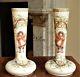Pair Opaline Glass Vases Victorian Girls Snow Winter Scene Antique