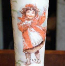 Pair Opaline Glass Vases Victorian Girls Snow Winter Scene Antique