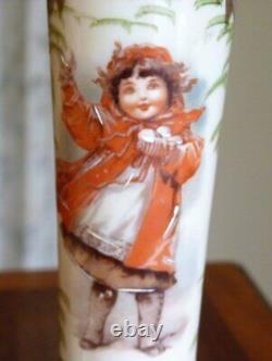Pair Opaline Glass Vases Victorian Girls Snow Winter Scene Antique