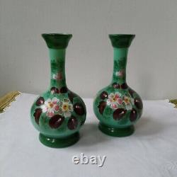 Pair Victorian Glass Vases- Green Opaline Colourful Flowers Hand-Painted