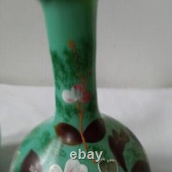 Pair Victorian Glass Vases- Green Opaline Colourful Flowers Hand-Painted