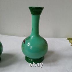 Pair Victorian Glass Vases- Green Opaline Colourful Flowers Hand-Painted