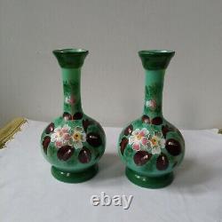 Pair Victorian Glass Vases- Green Opaline Colourful Flowers Hand-Painted