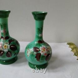 Pair Victorian Glass Vases- Green Opaline Colourful Flowers Hand-Painted