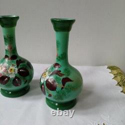 Pair Victorian Glass Vases- Green Opaline Colourful Flowers Hand-Painted