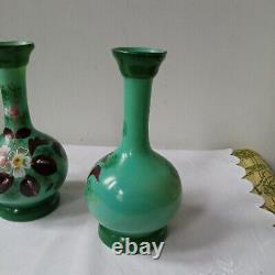 Pair Victorian Glass Vases- Green Opaline Colourful Flowers Hand-Painted