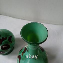 Pair Victorian Glass Vases- Green Opaline Colourful Flowers Hand-Painted