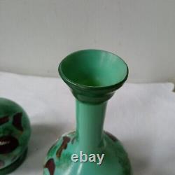 Pair Victorian Glass Vases- Green Opaline Colourful Flowers Hand-Painted