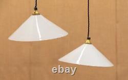 Pair of Antique Art Deco Period Opaline Glass Coolie Ceiling Pendant Lights Lamp