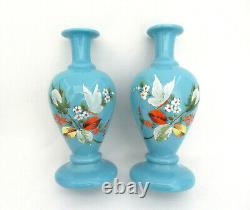 Pair of Bohemia Czech Hand Painted Blue Opaline Art Glass Vases