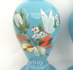 Pair of Bohemia Czech Hand Painted Blue Opaline Art Glass Vases