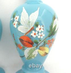 Pair of Bohemia Czech Hand Painted Blue Opaline Art Glass Vases