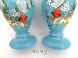 Pair of Bohemia Czech Hand Painted Blue Opaline Art Glass Vases