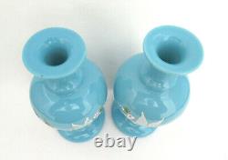 Pair of Bohemia Czech Hand Painted Blue Opaline Art Glass Vases