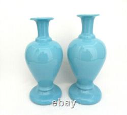 Pair of Bohemia Czech Hand Painted Blue Opaline Art Glass Vases