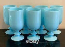 Portieux Vallerysthal Opaline Blue Milk Glass Stemmed Water Goblets Se of 7