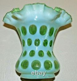 RARE 1950's VINTAGE FENTON OPALESCENT GREEN TOPAZ COIN DOT RUFFLED VASE 6 H