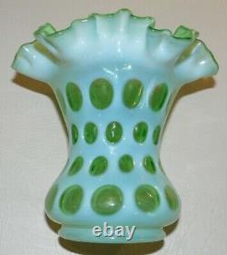 RARE 1950's VINTAGE FENTON OPALESCENT GREEN TOPAZ COIN DOT RUFFLED VASE 6 H