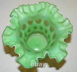 RARE 1950's VINTAGE FENTON OPALESCENT GREEN TOPAZ COIN DOT RUFFLED VASE 6 H