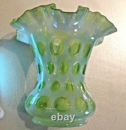 RARE 1950's VINTAGE FENTON OPALESCENT GREEN TOPAZ COIN DOT RUFFLED VASE 6 H