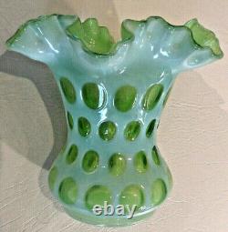 RARE 1950's VINTAGE FENTON OPALESCENT GREEN TOPAZ COIN DOT RUFFLED VASE 6 H