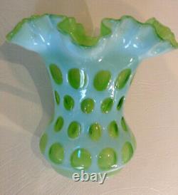 RARE 1950's VINTAGE FENTON OPALESCENT GREEN TOPAZ COIN DOT RUFFLED VASE 6 H