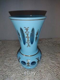 RARE 6.50 French Blue Opaline Cut Clear Art Glass Vase Hand Paint Gold Scroll
