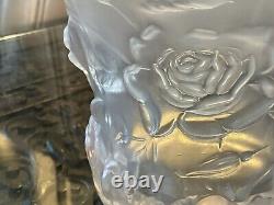 RARE ART DECO CZECH BAROLEC BLUE OPALESCENT Glass Vase ROSE Pattern D9.5 Signed