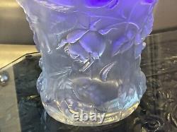 RARE ART DECO CZECH BAROLEC BLUE OPALESCENT Glass Vase ROSE Pattern D9.5 Signed