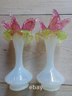 RARE Antique PAIR Opalescent KRALIK Art GLASS Florfiform VASES Vase ART NOUVEAU