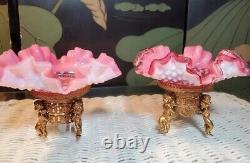 RARE ELEGANT FENTON Cranberry Opalescent Hobnail Bowls on Golden Cherub Stands