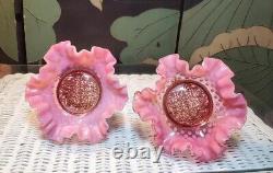 RARE ELEGANT FENTON Cranberry Opalescent Hobnail Bowls on Golden Cherub Stands