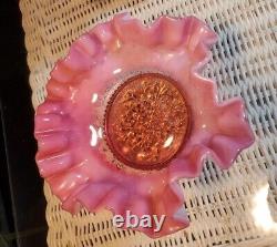 RARE ELEGANT FENTON Cranberry Opalescent Hobnail Bowls on Golden Cherub Stands