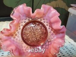 RARE ELEGANT FENTON Cranberry Opalescent Hobnail Bowls on Golden Cherub Stands